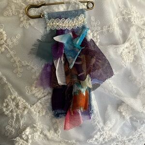 Handmade Fiber Art Denim Mixed Media Tassel Brooch 5 inches long unique